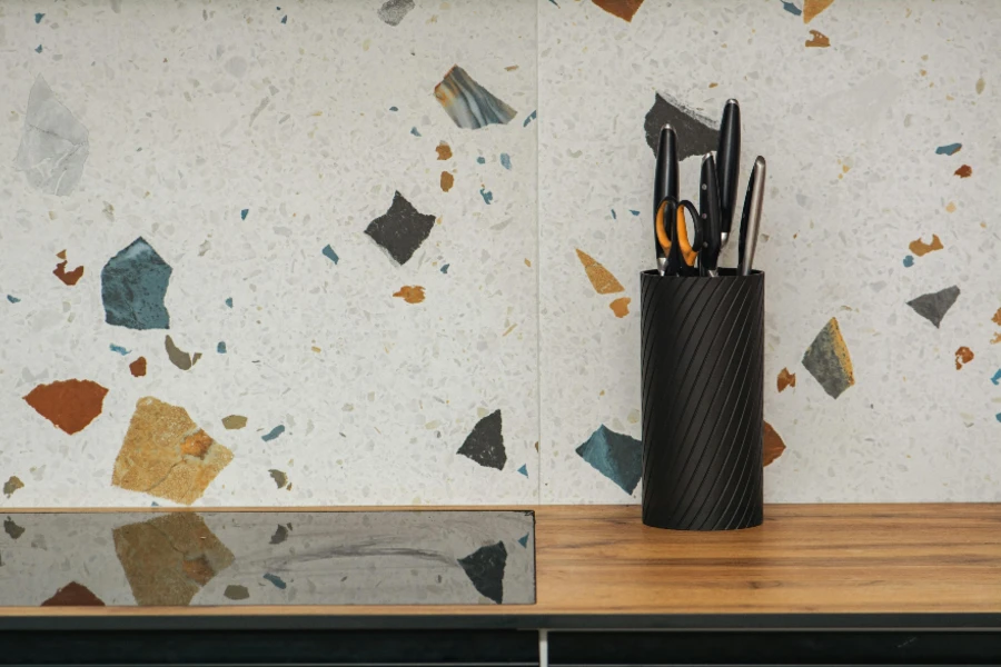 square terrazzo tile backsplash